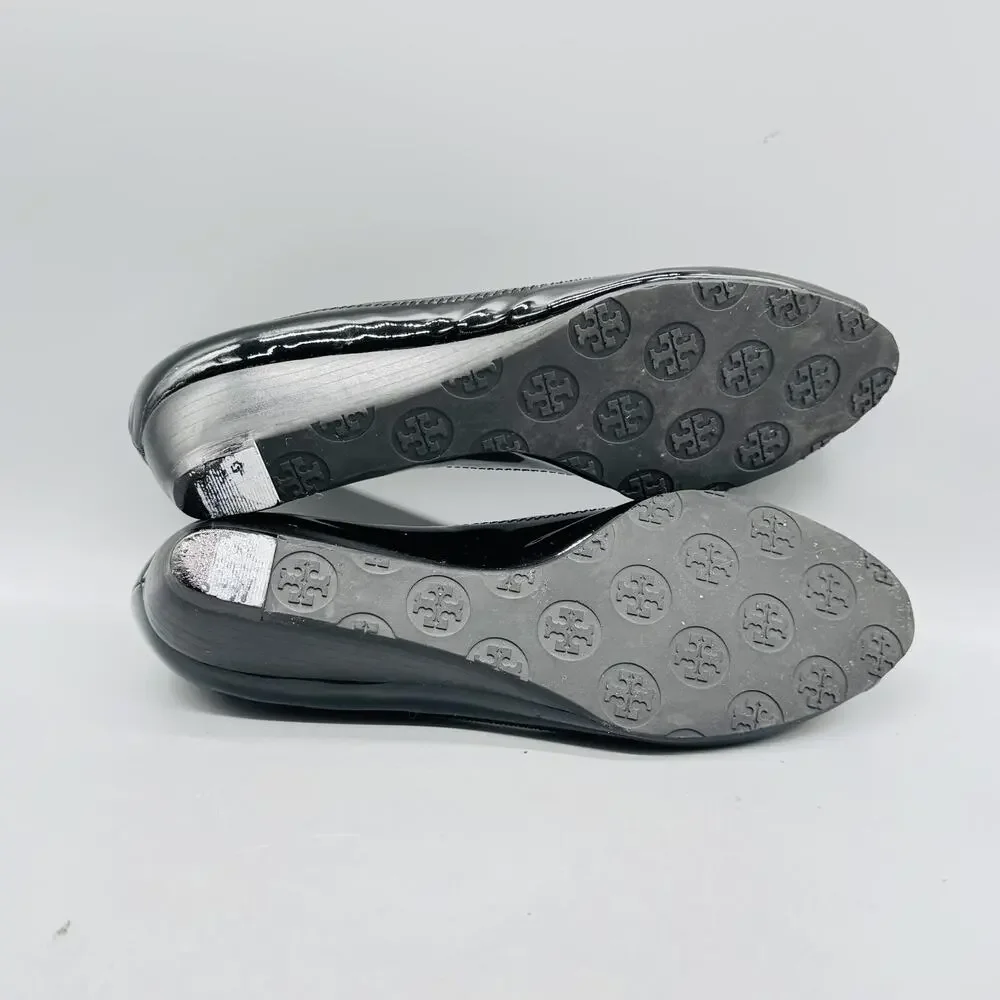 Tory Burch Shoes Womens 8 Black Patent Wedge Heel Pumps Peep Toe Logo Flats